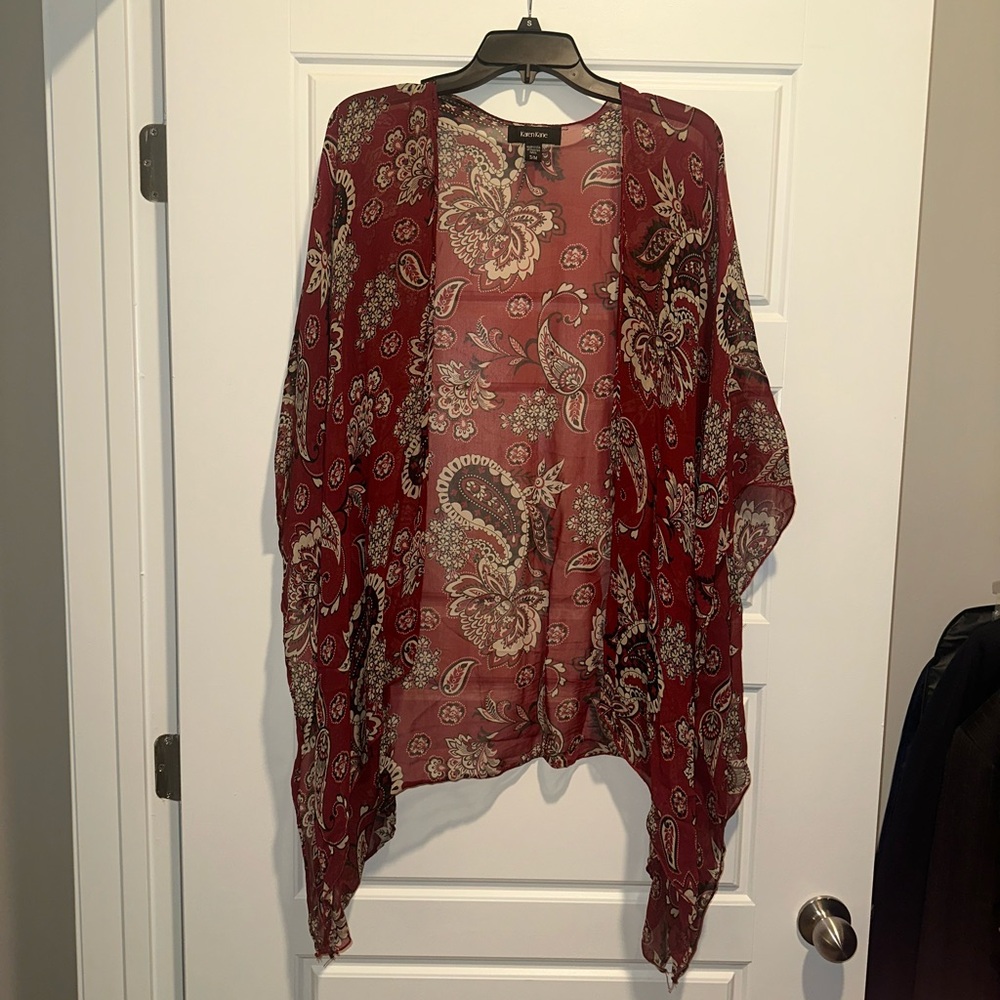 Karen Kane Burgundy Paisley Sheer Open Kimono Cardigan